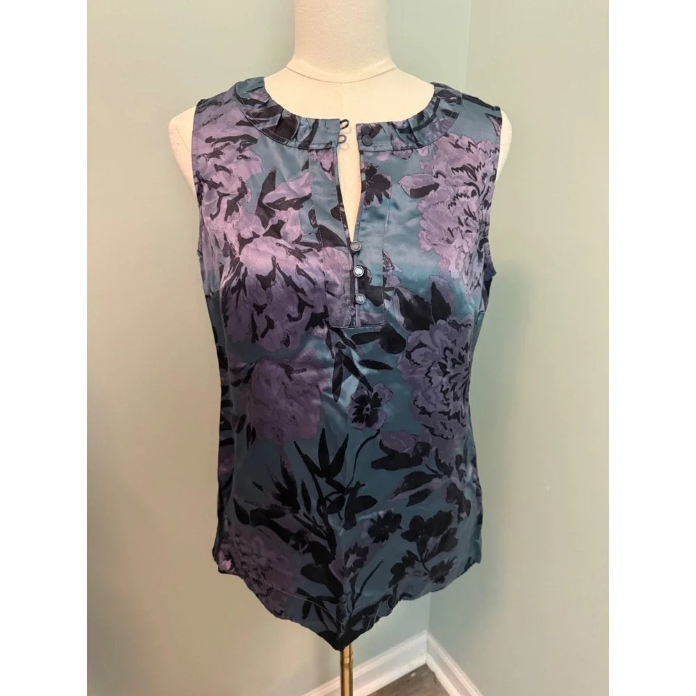 Tory Burch Teal Purple Floral Silk Blend Sleeveless Ruffle‎ Neck Blouse Size 6